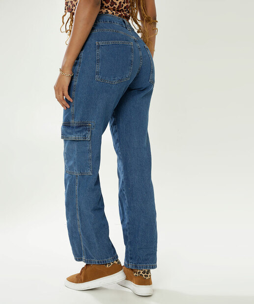 Calça Jeans Wide Leg Pantalona Feminina Cargo Marisa
