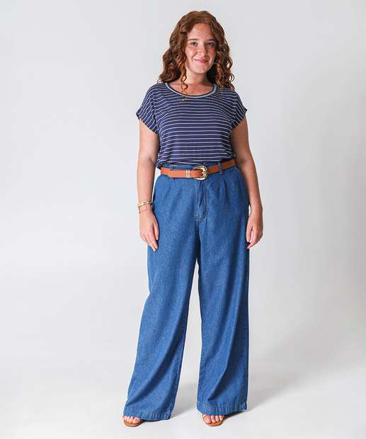 Blusa Plus Size Feminina Listrada Manga Curta Marisa Azul