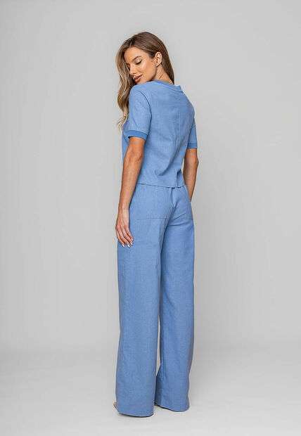 Blusa Alfaiataria Gola Ribana Manga Curta Azul Salvatore