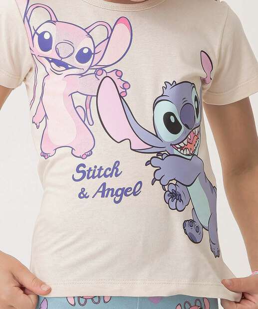 Camiseta Infantil Angel E Stitch Disney Tam 4 a 10 Bege