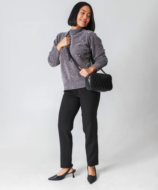 Suéter Feminino Chenille Pérolas Marisa Cinza