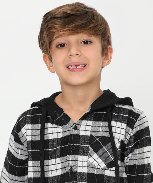 Camisa Infantil Xadrez Flanelada Capuz  MR Tam 4 a 10 Preto