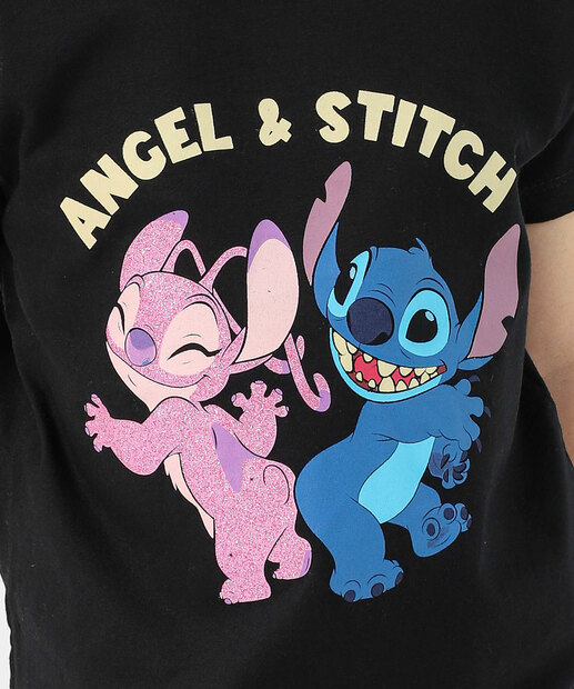 Blusa Infantil Estampa Stitch e Angel Tam 4 a 10 Preto
