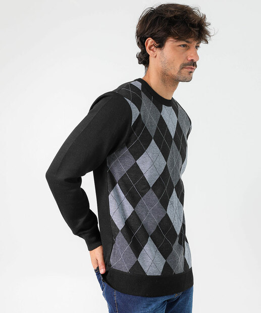 Image_Suéter Masculino Tricô Estampa Argyle Marisa Preto