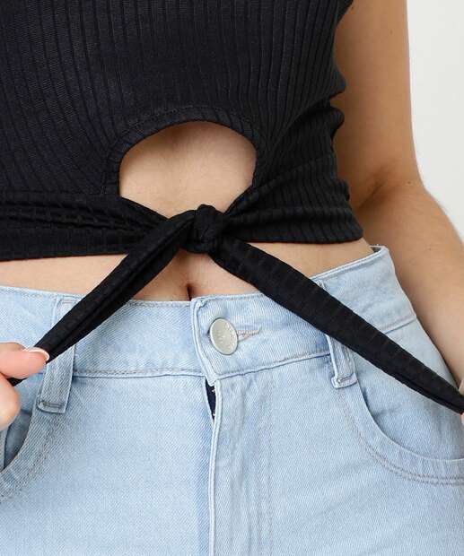 Blusa Cropped Feminina Canelada Amarração Sem Manga