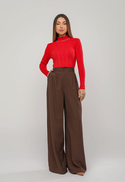 Blusa de Tricot Modal com Gola Alta e Manga Canelada Vermelho Salvatore