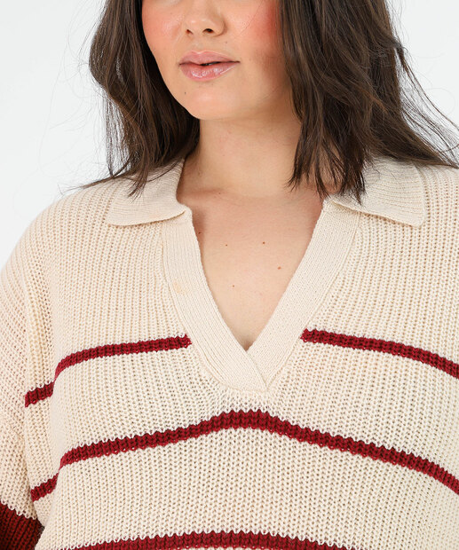  Blusa Plus Size Tricot Listrada com Gola Polo Marisa