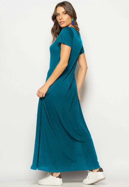 Vestido Longo Manga Curta Malha Azul Salvatore Fashion
