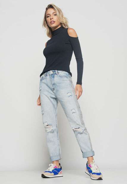 Blusa  Ombro Vazado Manga Longa Canelada Preta