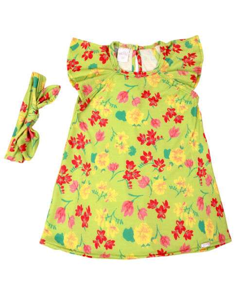 Vestido Bebe Infantil Com Boneca De Pano Kit com Faixa de Cabeça - Verde