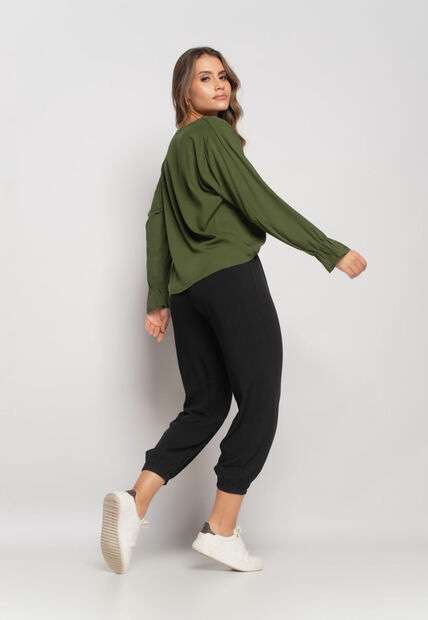 Blusa Gola V Manga Babado Viscolinho Verde Musgo Salvatore