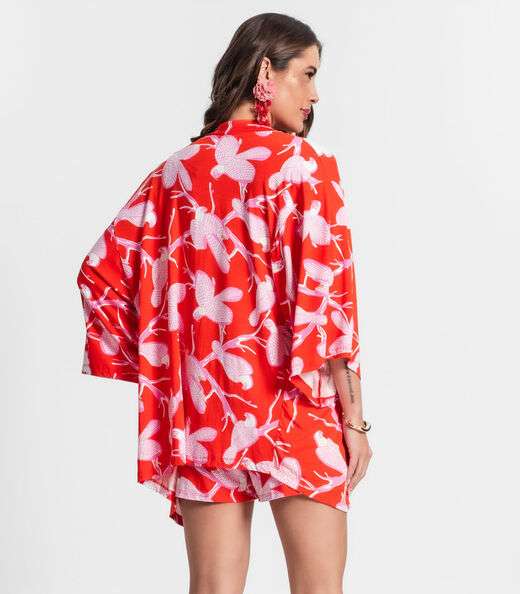 Kimono Feminino Estampa De Pássaros Laranja