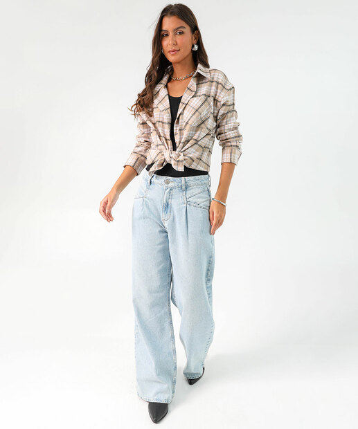Camisa Feminina Xadrez Manga Longa Marisa Bege