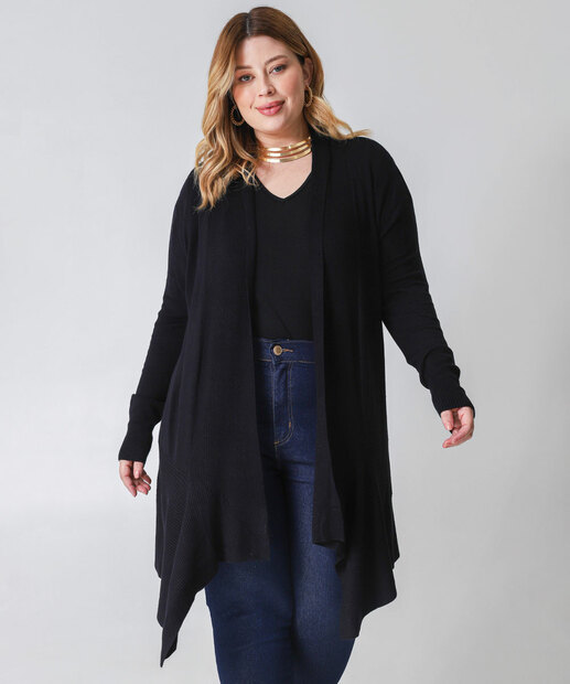 Image_Cardigan Plus Size Feminino Barra Assimétrica Marisa Preto