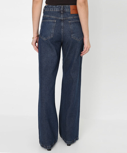Calça Feminina Jeans Wide Leg Bolsos Sawary Azul