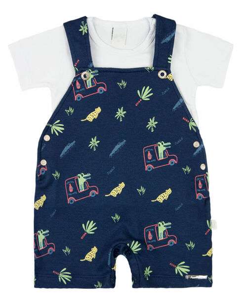 Image_Macacão Bebê Curto Menino Salopete Suedine Estampado Com Camiseta Jacaré e Onça