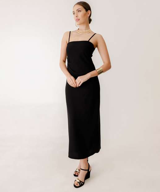 Vestido Feminino Midi Recorte Renda Alças Finas Marisa