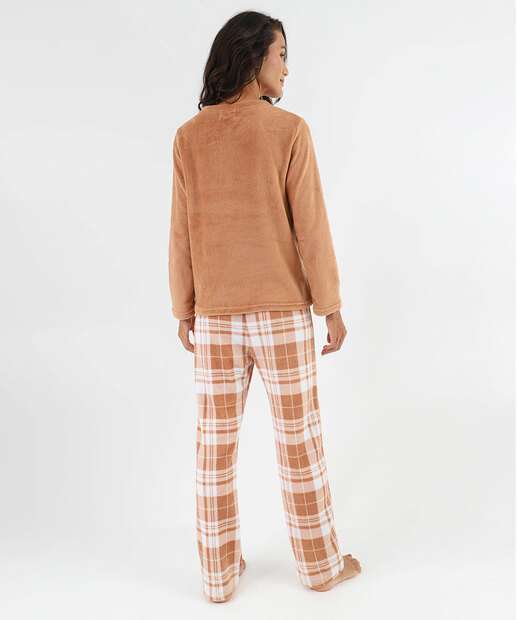 Pijama Feminino Plush Estampa Xadrez Manga Longa Marisa