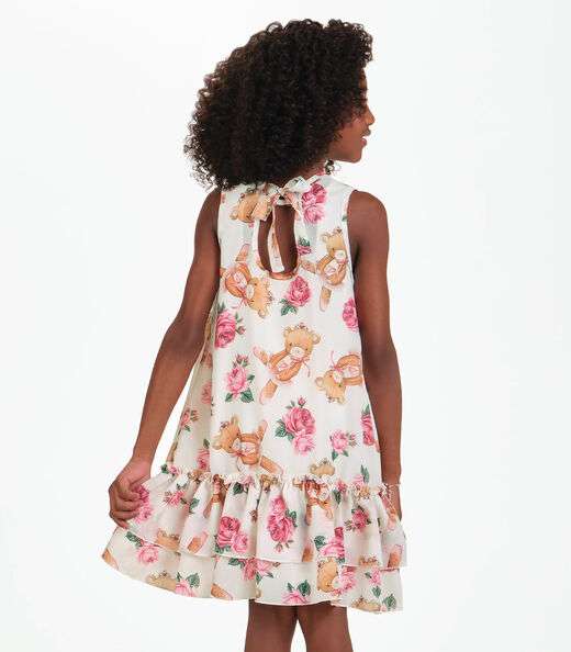 Vestido Meia Malha e Chiffon Trick Nick Bege