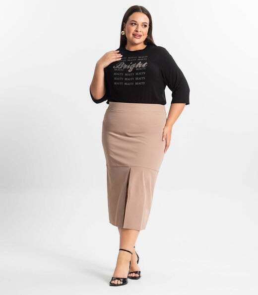 Saia Midi Plus Size Com Fenda Secret Glam Marrom