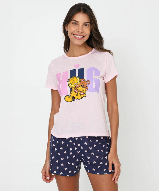 Pijama Feminino Estampa Coração Garfield Rosa