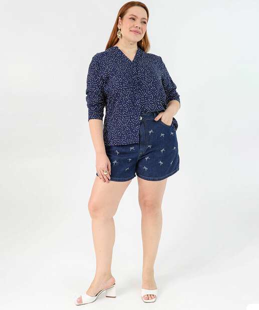 Image_Short Plus Size Feminino Jeans Bordado Laços Azul