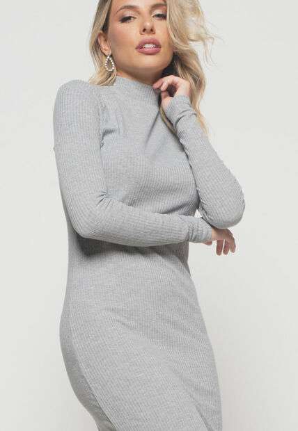 Vestido  Midi Manga Longa Canelado Mescla