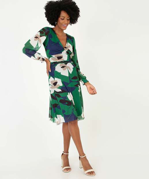 Vestido Feminino Tule Floral Manga Longa Marisa