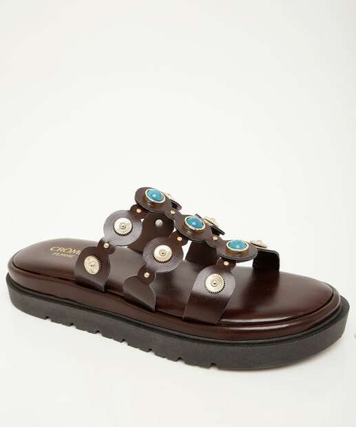 Tamanco Feminino Flatform Tiras Pedras Sintéticas