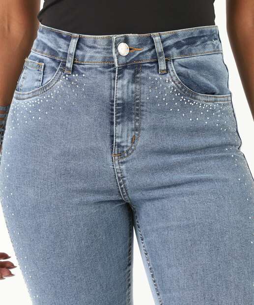 Calça Feminina Jeans Flare Strass Bolsos Marisa Azul