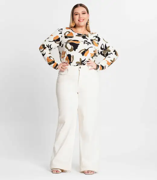 Blusa Plus Size Estampada Em Viscose Secret Glam Bege