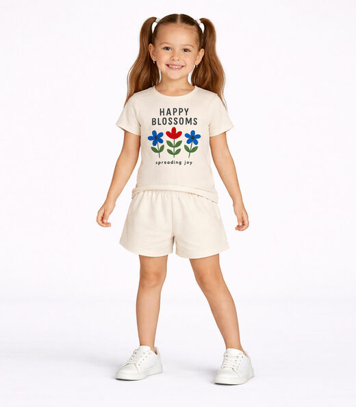 Conjunto Menina Short e Blusa Estampada Select Bege