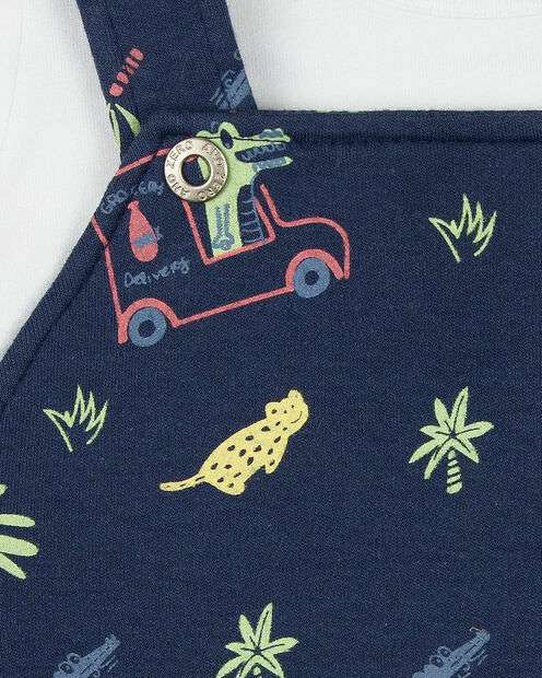 Macacão Bebê Curto Menino Salopete Suedine Estampado Com Camiseta Jacaré e Onça