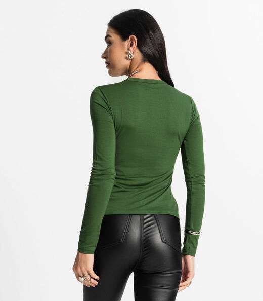 Blusa Manga Longa Decote V Básica Select Verde