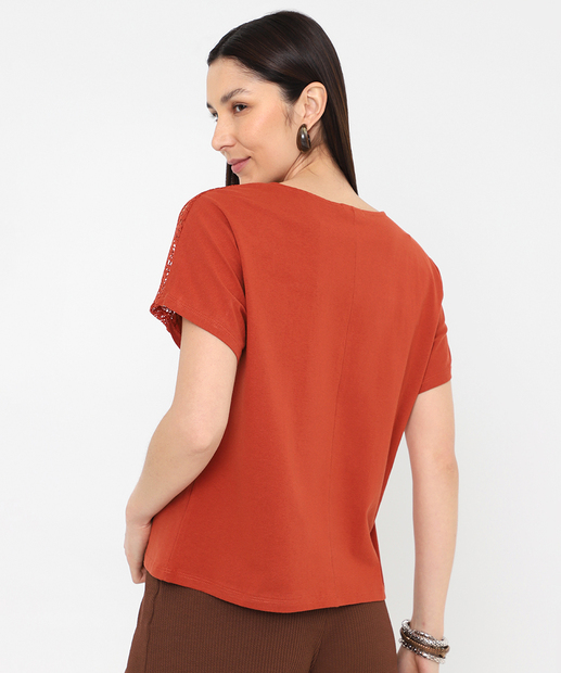 Blusa Feminina Rendada Manga Curta Marisa Laranja