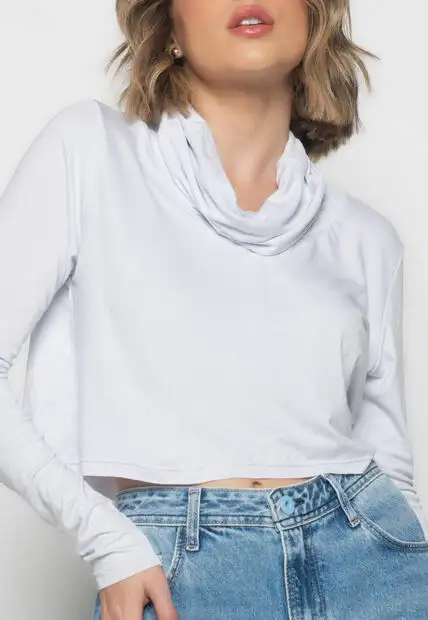 Cropped Golão Manga Longa Malha  Fashion Branco