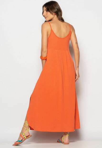 Vestido Longo Alcinha Com Barra Arredondada E Bolsos Telha Salvatore