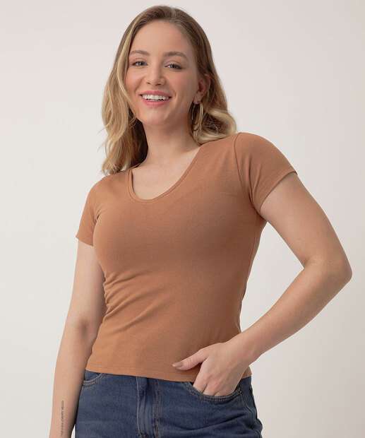 Blusa Feminina Básica Cotton Manga Curta Marisa Marrom