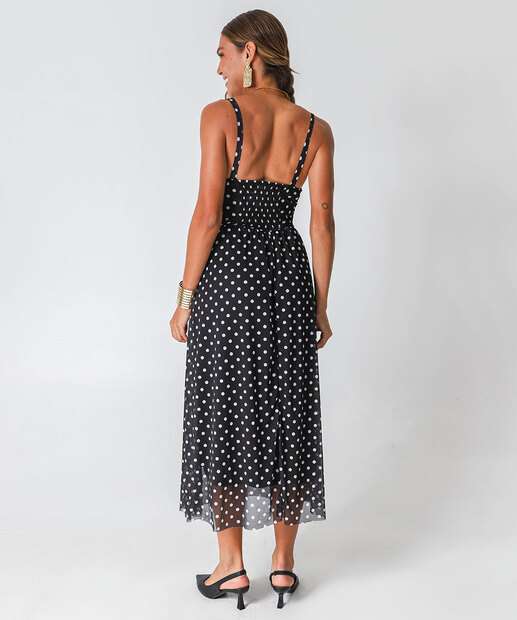 Vestido Midi Feminino Tule Poá Alças Finas Marisa Preto