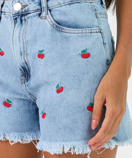 Short Feminino Jeans Bordado Cereja Bolsos Azul