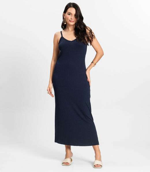 Vestido Midi em Ribana Canelada Rovitex Azul