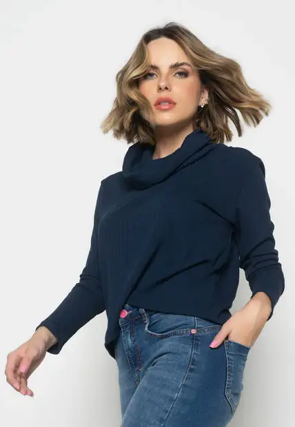 Blusa Golão Manga Longa Canelada Azul Salvatore Fashion