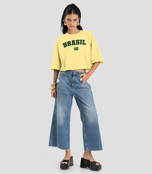 T- Shirt Feminina em Meia Malha Brasil Dianna Amarelo