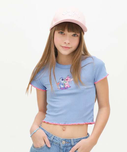 Blusa Juvenil Cropped Angel E Stitch Disney Tam 10 a 16