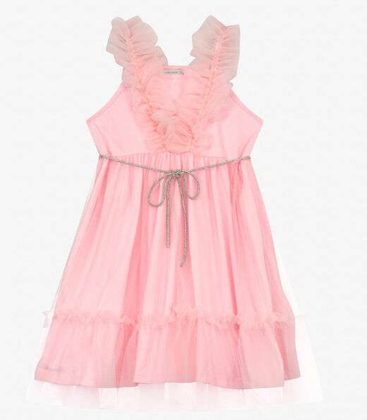 Vestido em Cotton Leve e Tule Trick Nick Rosa