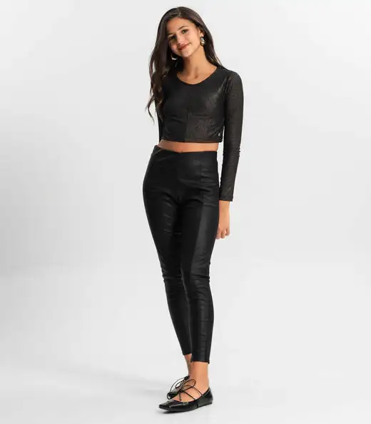 Blusa Cropped Juvenil Manga Longa Minty Preto