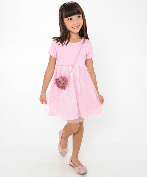 Vestido Infantil Tule Coração Foil Bolsa Marisa Tam 4 a 10 Rosa