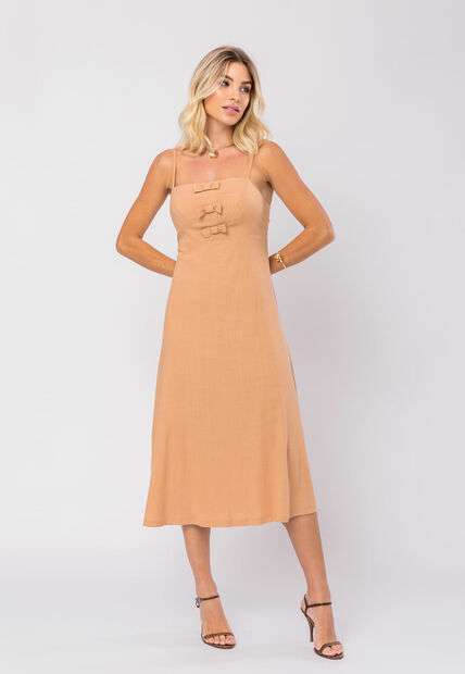Vestido Midi Viscolinho Premium Laços Bege Salvatore