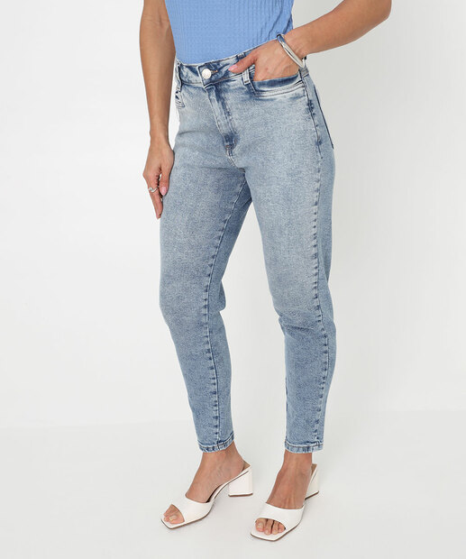 Calça Mom Jeans Bolsos Cintura Alta Sawary Azul