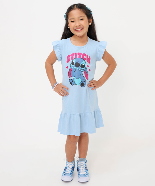 Vestido Infantil Stitch Babado Disney Tam 4 a 10 Azul